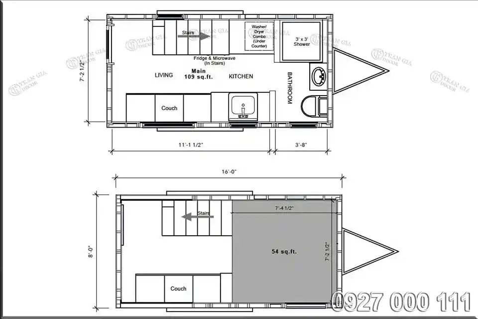 Bản vẽ bố trí nhà gỗ di động tiny house Thistle